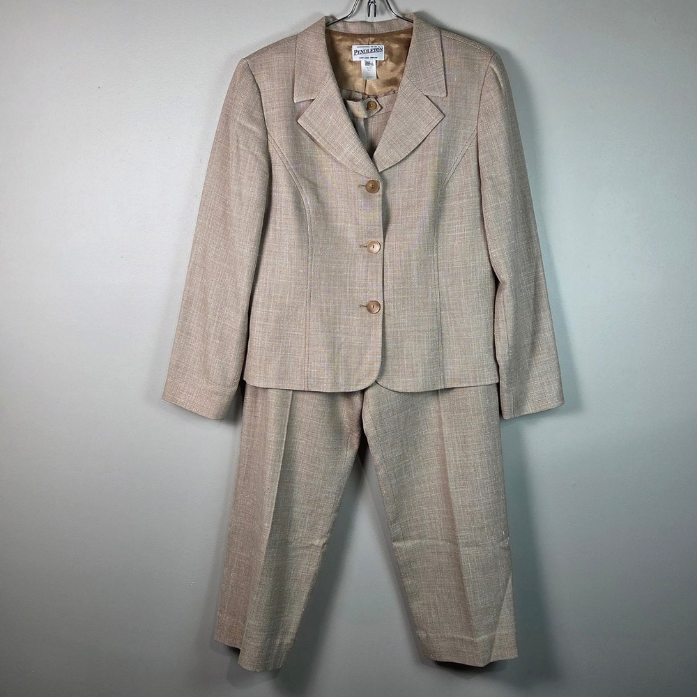Pendleton vtg Pant Suit sz12 Tan Excellent Wool Silk Blend Blazer Trousers Set